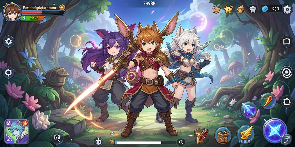 Tangkapan layar permainan 789RP menampilkan karakter anime dalam aksi.