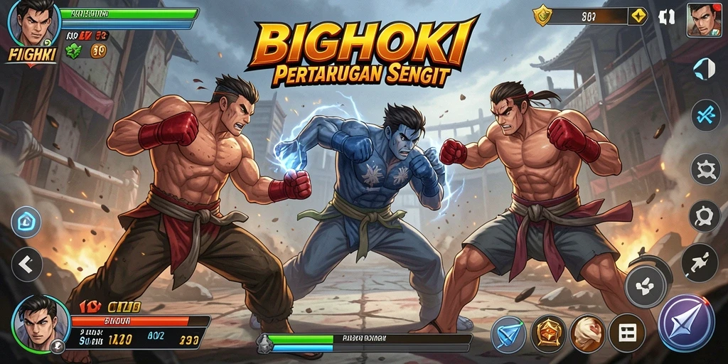 Screenshot BIGHOKI menampilkan duel epic dalam game Fighting.