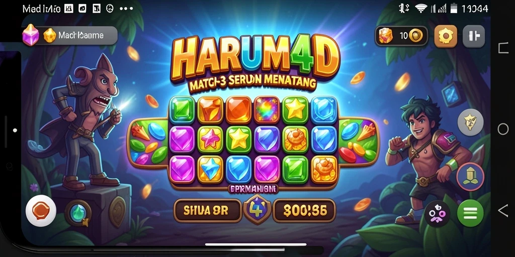 Screenshot gameplay HARUM4D menampilkan level Match-3 yang penuh warna.
