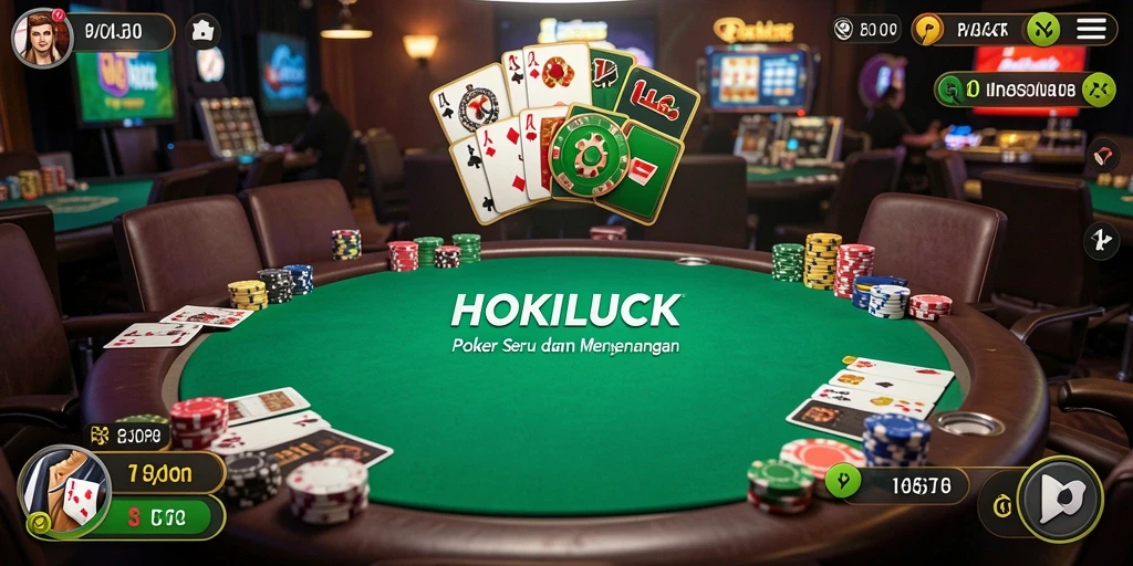 Skrinsut HOKILUCK menunjukkan aksi bermain Poker yang intens dan menegangkan.