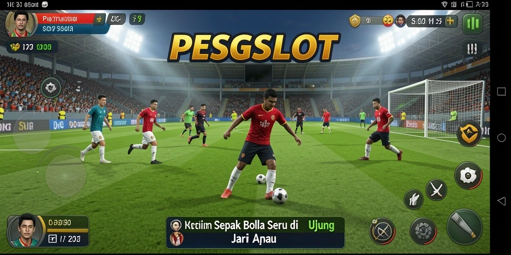 Tangkapan layar gameplay PESGSLOT yang menampilkan aksi sepak bola yang mendebarkan.