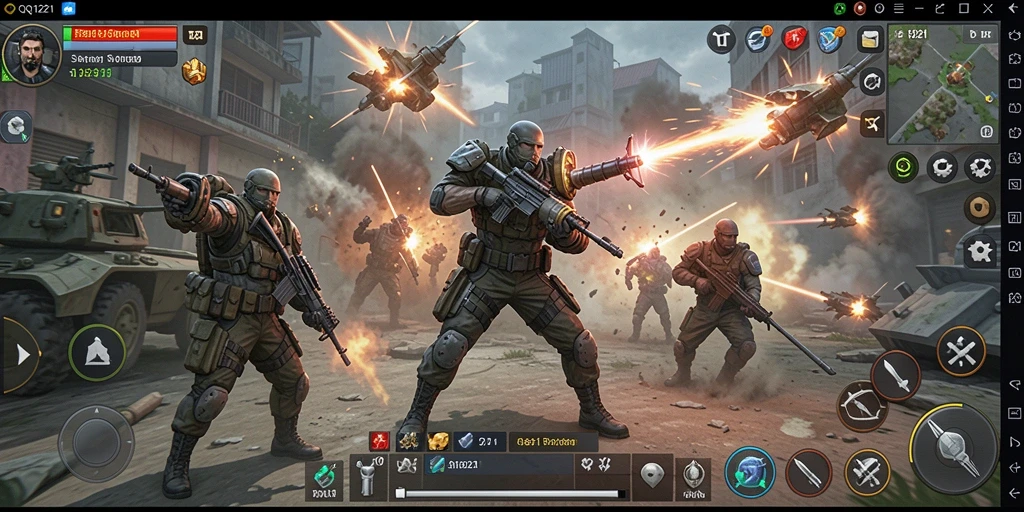 Screenshot QQ1221 menampilkan aksi pertempuran strategi yang intens.